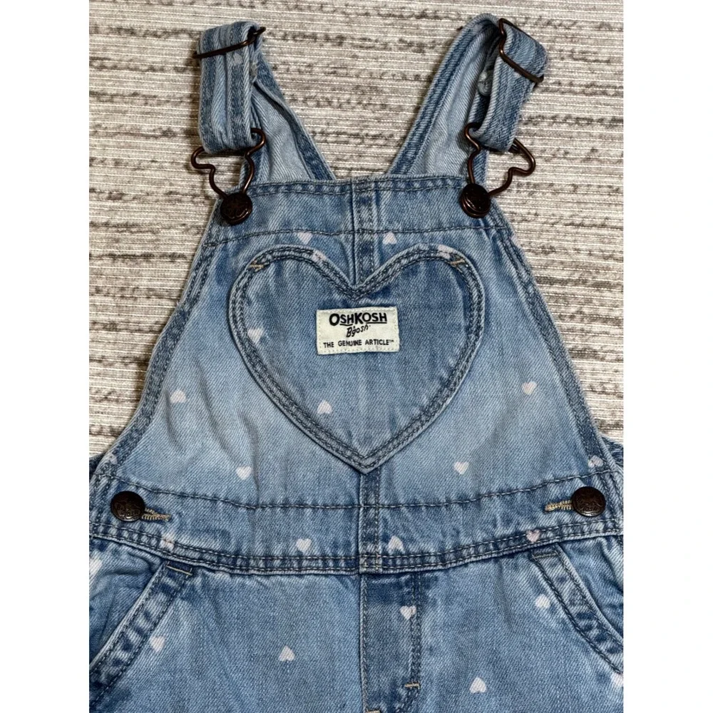 OshKosh Bgosh Baby Girl Blue Denim Heart Print Overalls 18M Light Wash Bibs